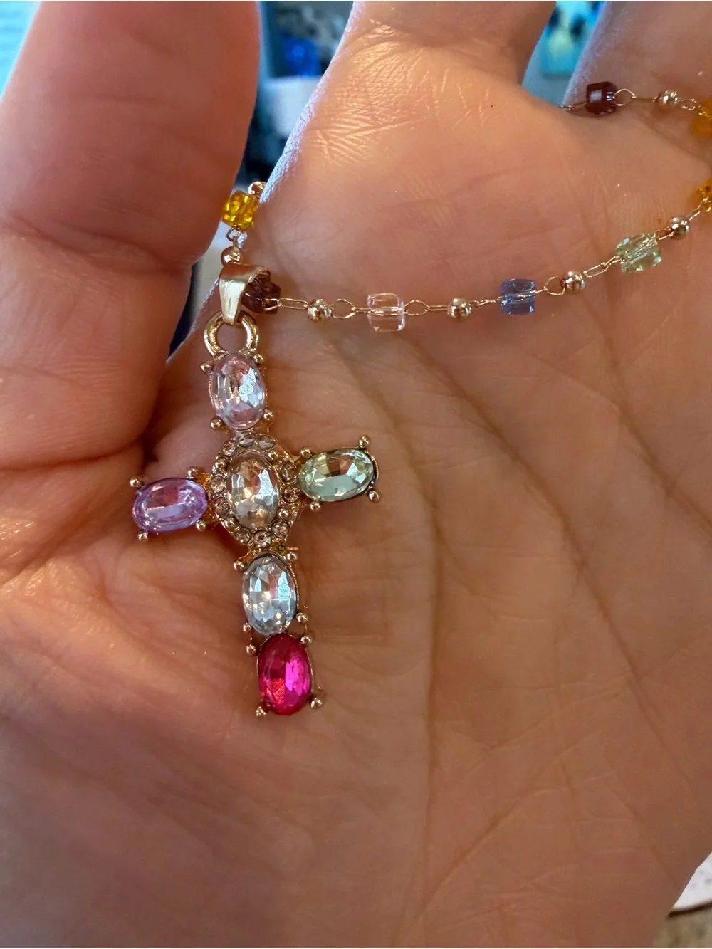 Gold Cross Pendant Necklace with Multicolor Gemstones